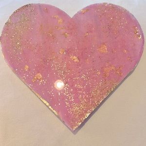 Resin Art , wood heart with gold leaf , glitter ,mica pigment , resin , 7” x 9”